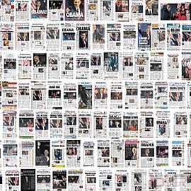 图片是700多份报纸报道Obama当选下一任美国总统的头条