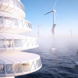 附着在风力发电塔上的住宅群