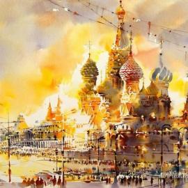 流动的水彩描绘异国的街景