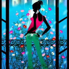 时尚插画作品《花儿相随》