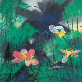 袁运甫《荷塘清趣》泼彩工笔荷花